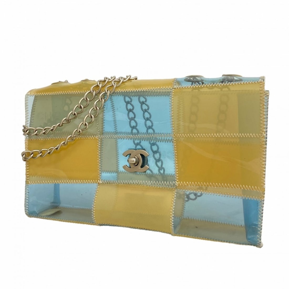 Chanel Shoulder Bag, Chocolate Bar Design, Double Chain, Vinyl, Beige/Blue, Women's: --- Catalog ---Category: SizeSize (HxWxD): 16.5cm x 24.5cm x 5cm / 6.49'' x 9.64'' x 1.96''Category: DesignType: Shoulder bagColor: Beige, BlueGender: WomenMaterial: Vinyl Hardware Color: SilverCatego