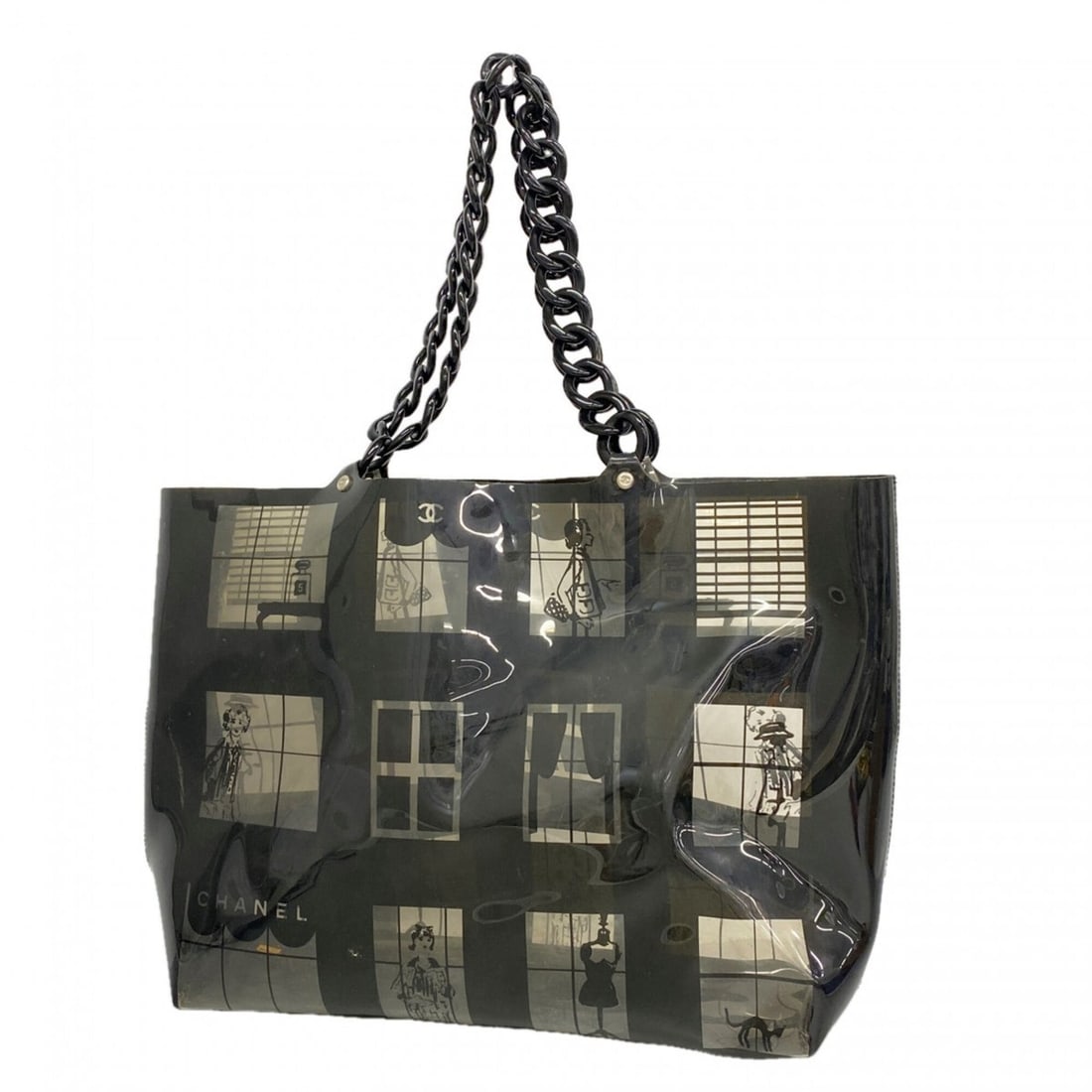 Chanel Tote Bag/Chain Tote, Windows Line, Vinyl, Black/Clear, Women's: --- Catalog ---Category: SizeSize (HxWxD): 28cm x 34cm x 10.5cm / 11.02'' x 13.38'' x 4.13''Category: DesignType: Tote bagColor: Black, ClearGender: WomenMaterial: Vinyl Hardware Color: SilverCategory