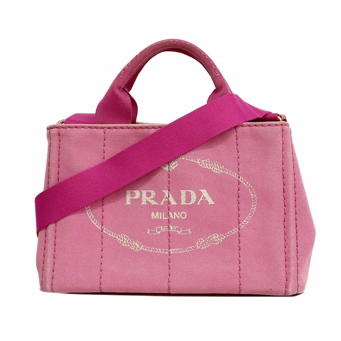 Prada Canapa Canvas Handbag, Pink, 2-way Bag for Women: --- Catalog ---Category: SizeSize (HxWxD): 19cm x 26cm x 16cm / 7.48'' x 10.23'' x 6.29''Category: DesignType: HandbagColor: PinkGender: WomenMaterial: Canvas Hardware Color: GoldCategory: GeneralBran