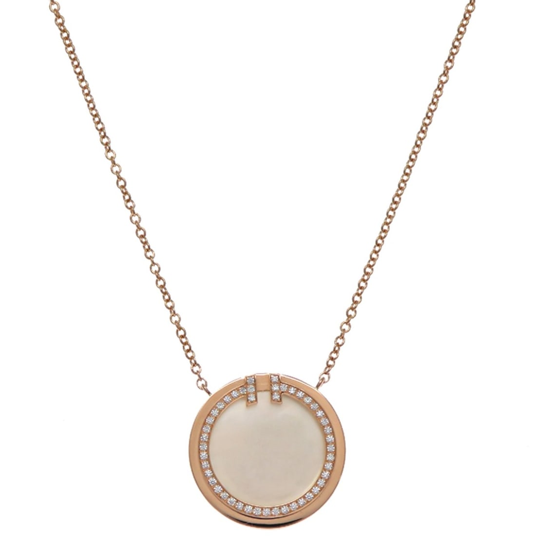 Tiffany & Co. 0.05ct Diamond T Circle Pendant Women's Necklace 64026801 750 Pink Gold: --- Catalog ---Category: SizePendant Size: 16mm x 16mm / 0.62'' x 0.62''Neck Circumference: 40.5 cm - 45.5 cm / 15.94'' - 17.91''Category: DesignStone: Diamond, Mother of pearlGender: WomenMaterial: P