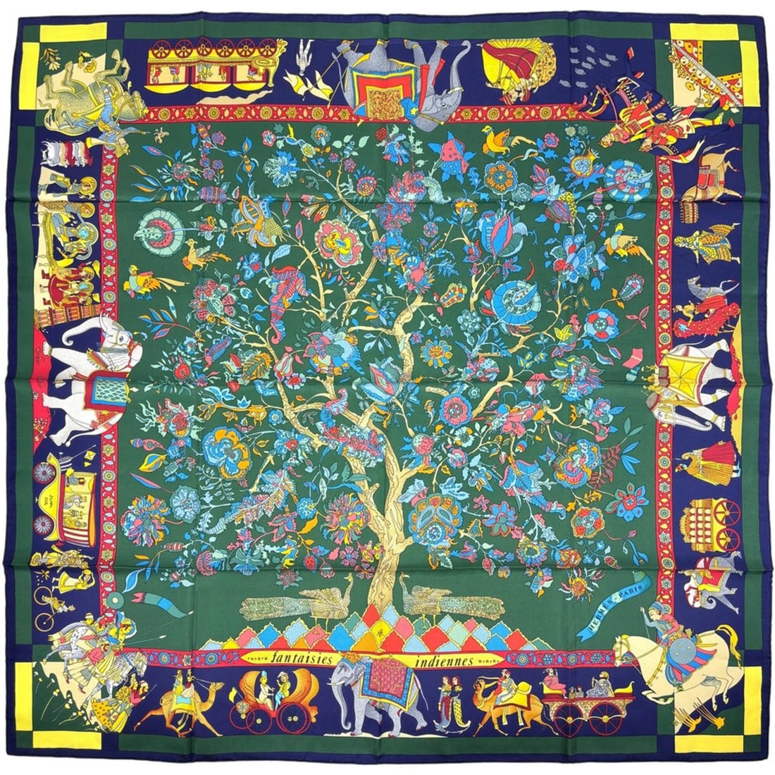 Hermes Carre 90 Fantaisies Indians (Enchanting India) Scarf/Muffler, Silk, Green, Multicolor,: --- Catalog ---Category: SizeSize (LxW): 89cm x 88cm / 35.03'' x 34.64''Category: DesignType: ScarfColor: Green, Multi-colorGender: WomenMaterial: Silk Category: GeneralBrand: Hermes--- Item List ---S