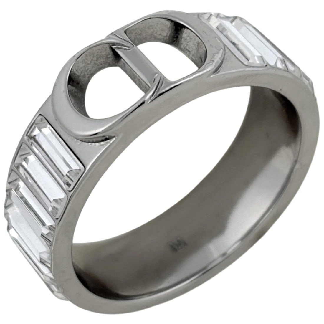 Christian Dior logo ring with rhinestones, silver, for women.: --- Catalog ---Category: DesignStone: RhinestoneGender: WomenMaterial: RhinestoneCategory: GeneralBrand: Christian Dior--- Item List ---Section: ConditionRanking: Rank AB Used - Traces of usage, scrat