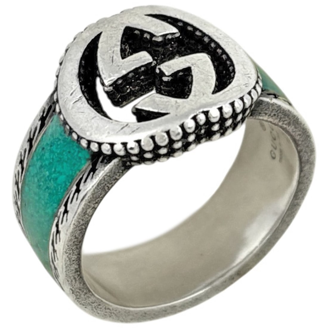 Gucci Interlocking G Ring, Sterling Silver 925, Green, Women's: --- Catalog ---Category: SizeJP Size: 13US Size: 6.5Category: DesignType: Band ringColor: Green, SilverGender: WomenMaterial: Silver 925Category: GeneralBrand: Gucci--- Item List ---Section: Condition