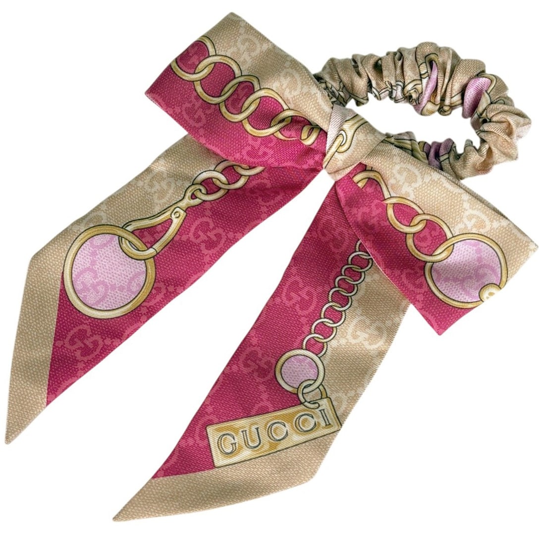 Gucci GG pattern scrunchie ribbon hair accessory, silk, beige, pink, women's.: --- Catalog ---Category: SizeSize (LxW): 18cm x 16cm / 7.08'' x 6.29''Category: DesignType: ScrunchieColor: Beige, PinkGender: WomenMaterial: SilkCategory: GeneralBrand: Gucci--- Item List ---Section: