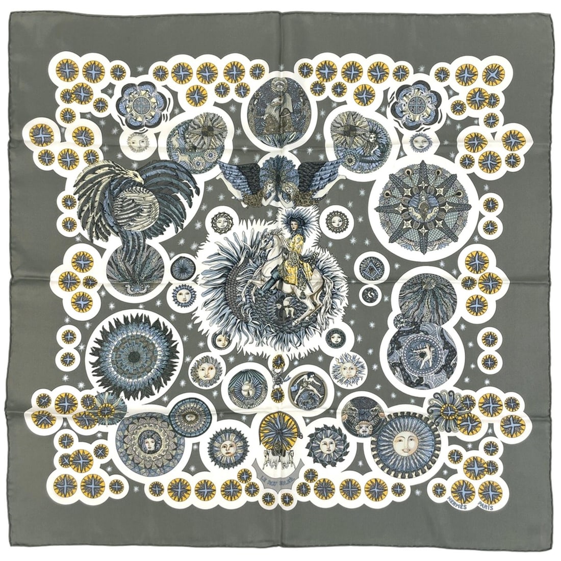 Hermes Carre 90 LE ROY SOLEIL (Sun King) Scarf/Muffler, Silk, Gray Multicolor, Women's: --- Catalog ---Category: SizeSize (LxW): 89.5cm x 88cm / 35.23'' x 34.64''Category: DesignType: ScarfColor: Gray, Multi-colorGender: WomenMaterial: Silk 100%Category: GeneralBrand: Hermes--- Item List