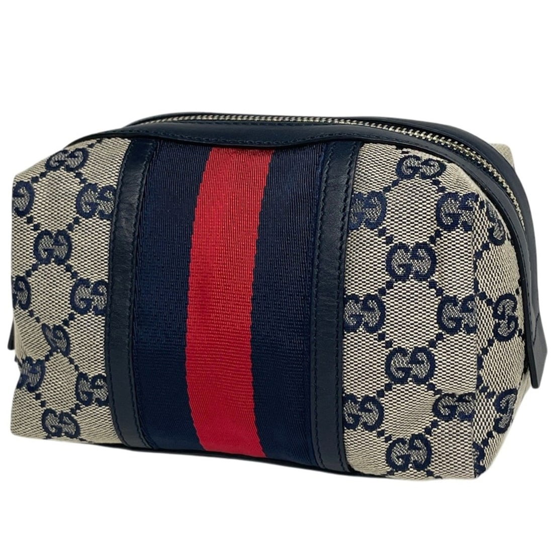 Gucci GG pattern pouch, Sherry line, Web canvas, Beige/Navy, 256636, Women's.: --- Catalog ---Category: SizeSize (HxWxD): 10cm x 16.5cm x 8.5cm / 3.93'' x 6.49'' x 3.34''Category: DesignType: PouchColor: Beige, NavyGender: WomenMaterial: GG canvas , Leather Category: GeneralBran