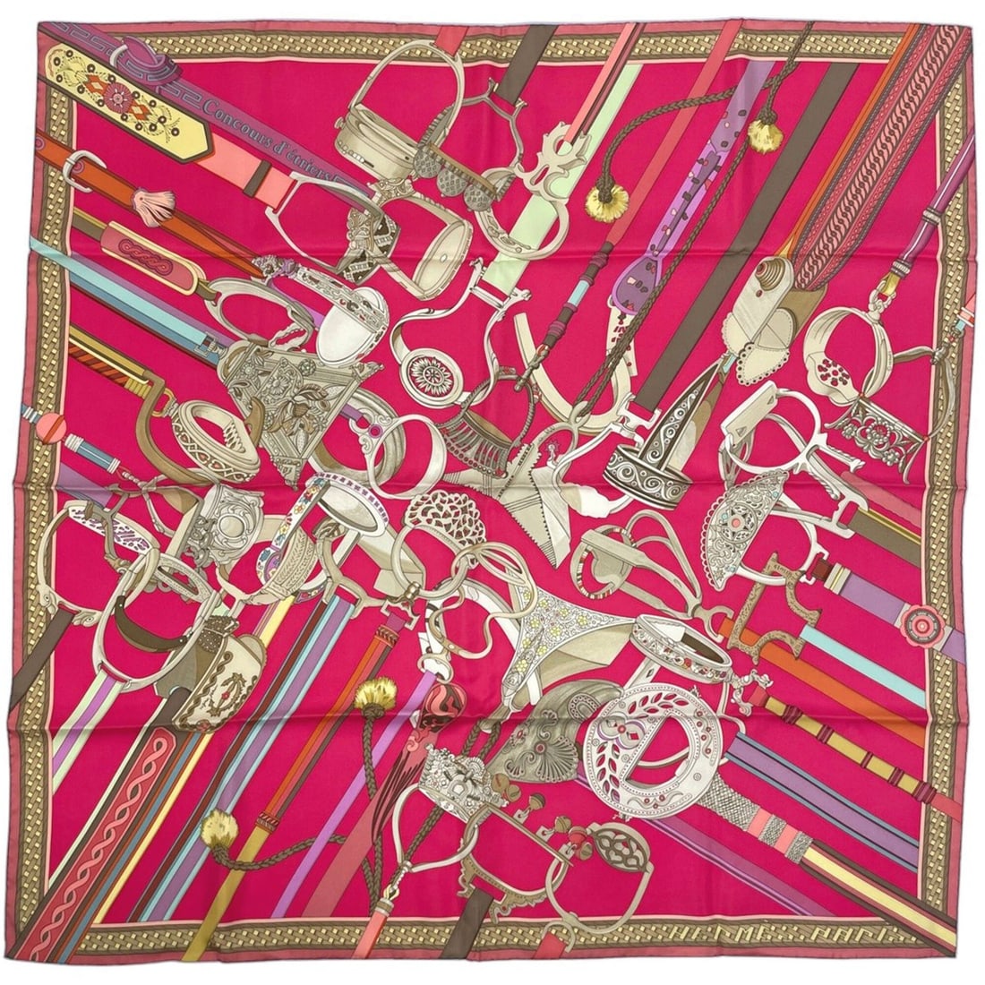 Hermes Carre 90 Concours d'Etrers (Etrier's Competition) Scarf/Muffler, Silk, Pink, Multicolor,: --- Catalog ---Category: SizeSize (LxW): 88cm x 88cm / 34.64'' x 34.64''Category: DesignType: ScarfColor: Multi-color, PinkGender: WomenMaterial: Silk 100%Category: GeneralBrand: Hermes--- Item List -