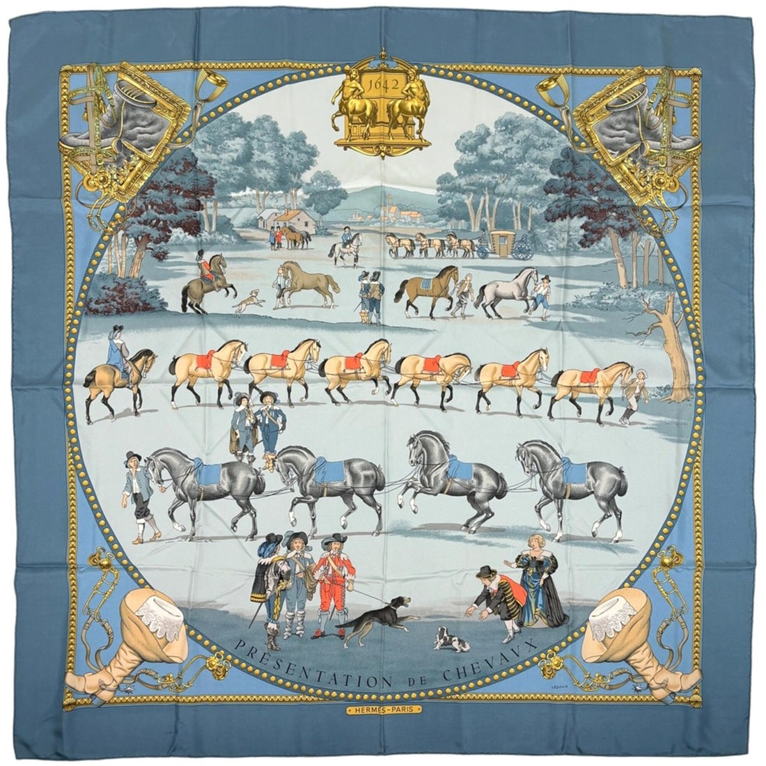 Hermes Carre 90 PRESENTATION DE CHEVAVX Horse Presentation Scarf Muffler Silk Blue Multicolor: --- Catalog ---Category: SizeSize (LxW): 89.5cm x 89.5cm / 35.23'' x 35.23''Category: DesignType: ScarfColor: Blue, Multi-colorGender: WomenMaterial: Silk 100%Category: GeneralBrand: Hermes--- Item Li