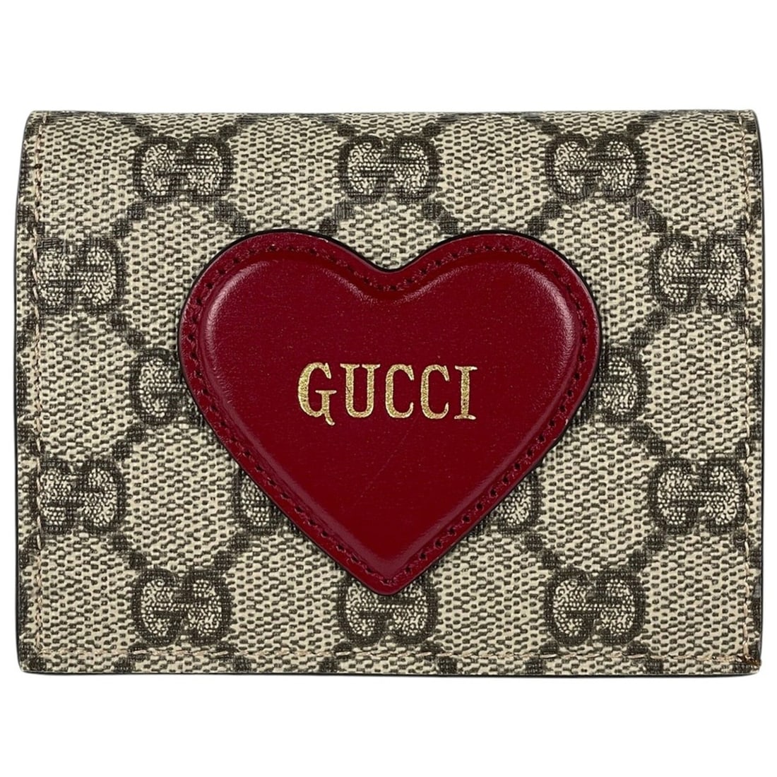 Gucci GG pattern bi-fold wallet, Supreme heart motif, compact, coated canvas, beige/red, 648848,: --- Catalog ---Category: SizeSize (HxWxD): 8.5cm x 11cm x 2.5cm / 3.34'' x 4.33'' x 0.98''Category: DesignType: Wallet (bi-fold)Color: Beige, Red colorGender: WomenMaterial: GG Supreme , Coated canvas