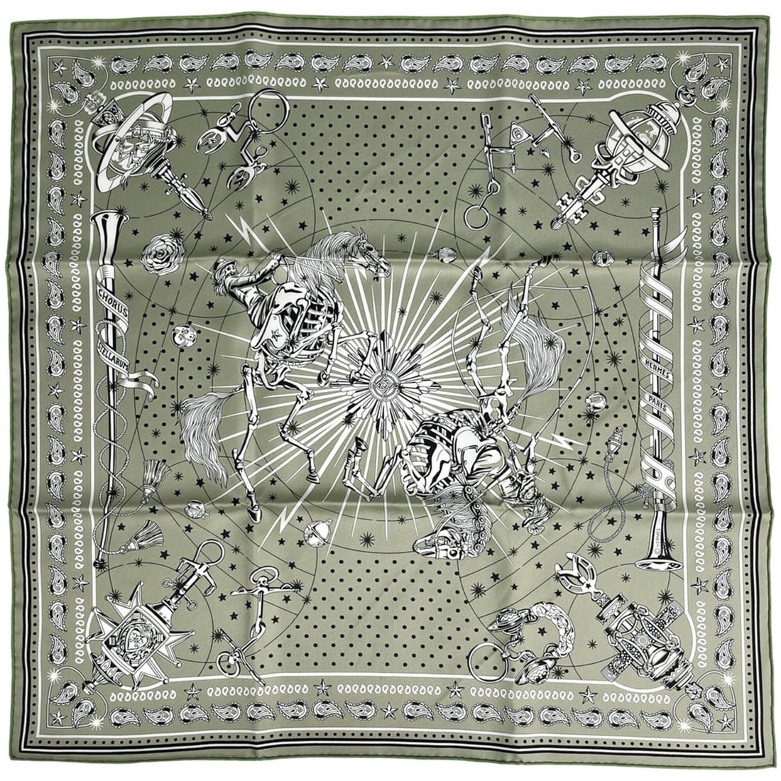 Hermes Carre 55 Chorus Stellarum Bandana Scarf Muffler Silk Khaki Multicolor Women's: --- Catalog ---Category: SizeSize (LxW): 54.5cm x 55.5cm / 21.45'' x 21.85''Category: DesignType: BandanaColor: Khaki, Multi-colorGender: WomenMaterial: Silk 100%Category: GeneralBrand: Hermes--- Item