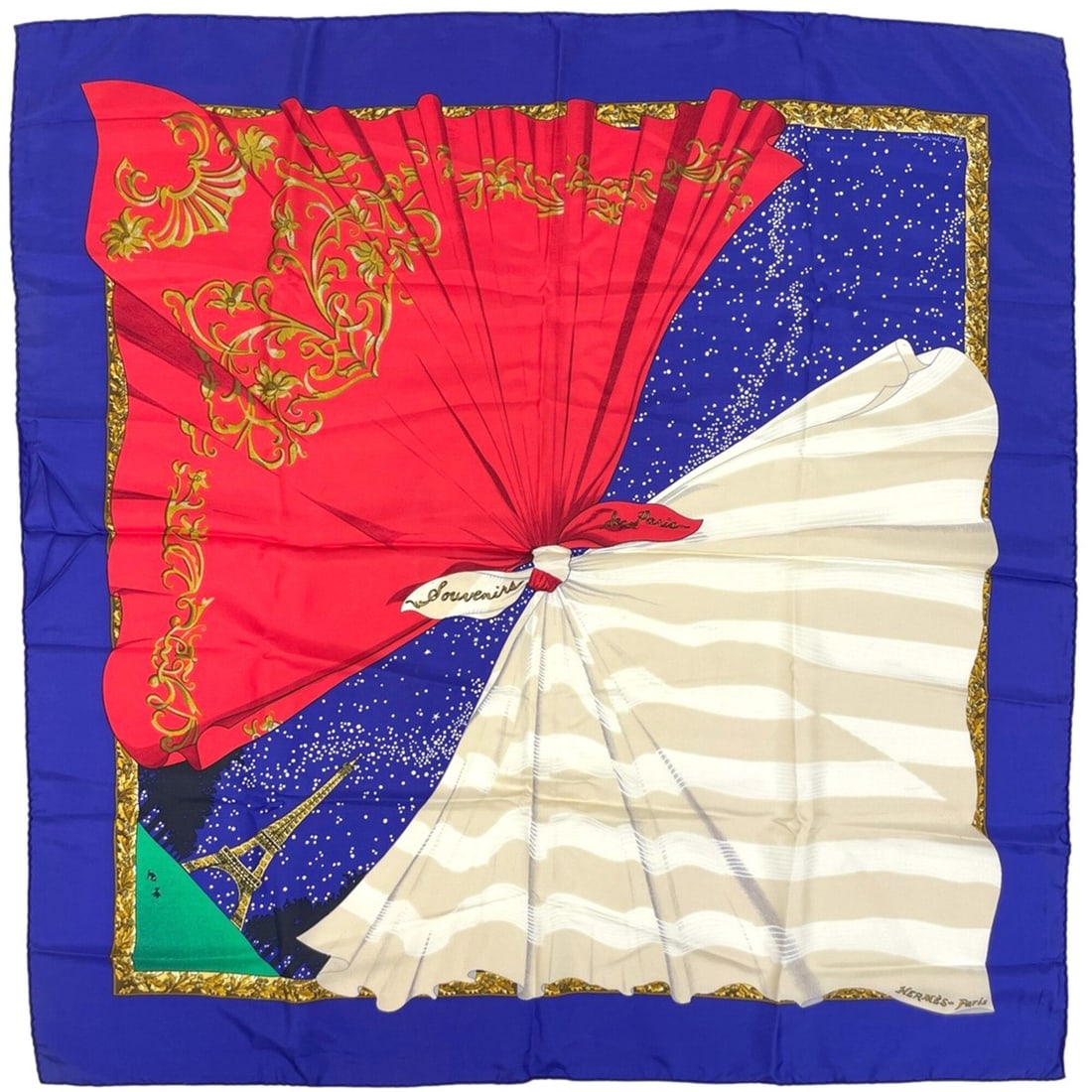 Hermes Carre 90 Souvenirs de Paris (Memories of Paris) Scarf/Muffler, Silk, Blue Multicolor, Women's: --- Catalog ---Category: SizeSize (LxW): 88.5cm x 90cm / 34.84'' x 35.43''Category: DesignType: ScarfColor: Blue, Multi-colorGender: WomenMaterial: Silk 100%Category: GeneralBrand: Hermes--- Item List