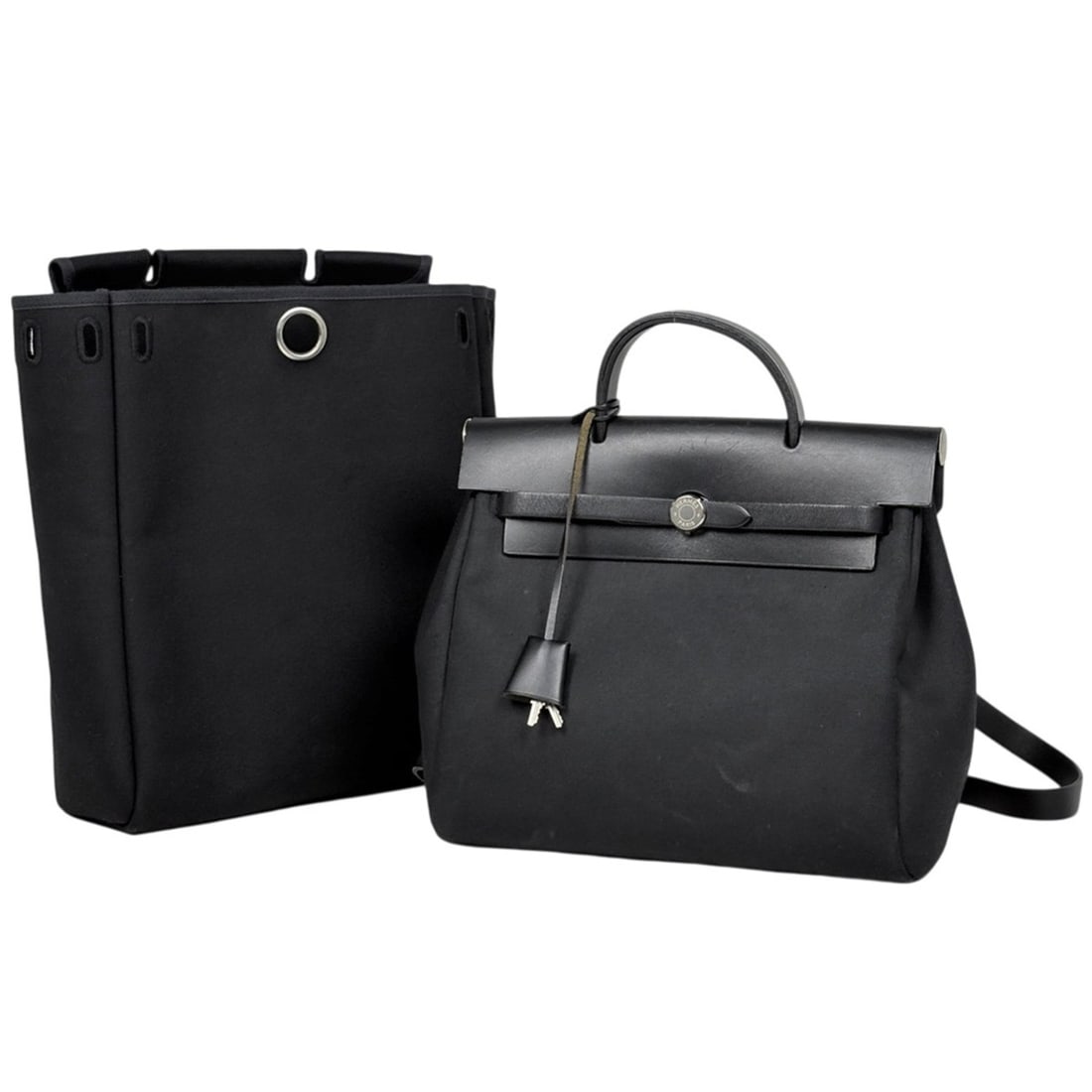 Hermes Herbag Ad PM 2-Way Handbag/Backpack, Toile Officier, Black, Size F, Women's: --- Catalog ---Category: SizeSize (HxWxD): 25cm x 28cm x 10cm / 9.84'' x 11.02'' x 3.93''Category: DesignType: HandbagColor: BlackGender: WomenMaterial: Toile officier , Leather Category: GeneralLine: