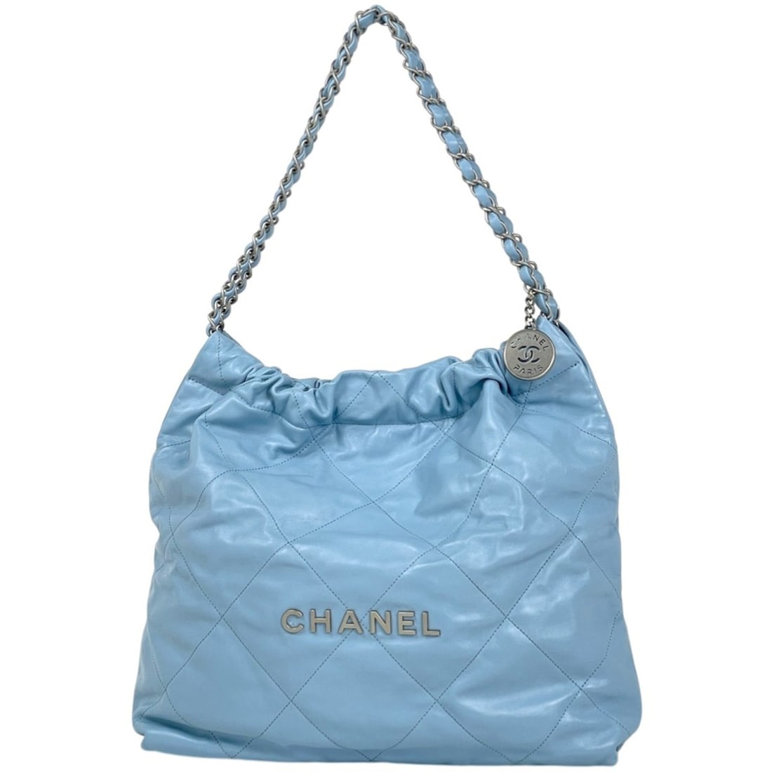 Chanel logo chain shoulder bag, Coco Mark Matelassé leather, light blue, women's.: --- Catalog ---Category: SizeSize (HxWxD): 34cm x 35cm x 7.5cm / 13.38'' x 13.77'' x 2.95''Category: DesignType: Shoulder bagColor: Light blueGender: WomenMaterial: Leather Category: GeneralLine: Mate