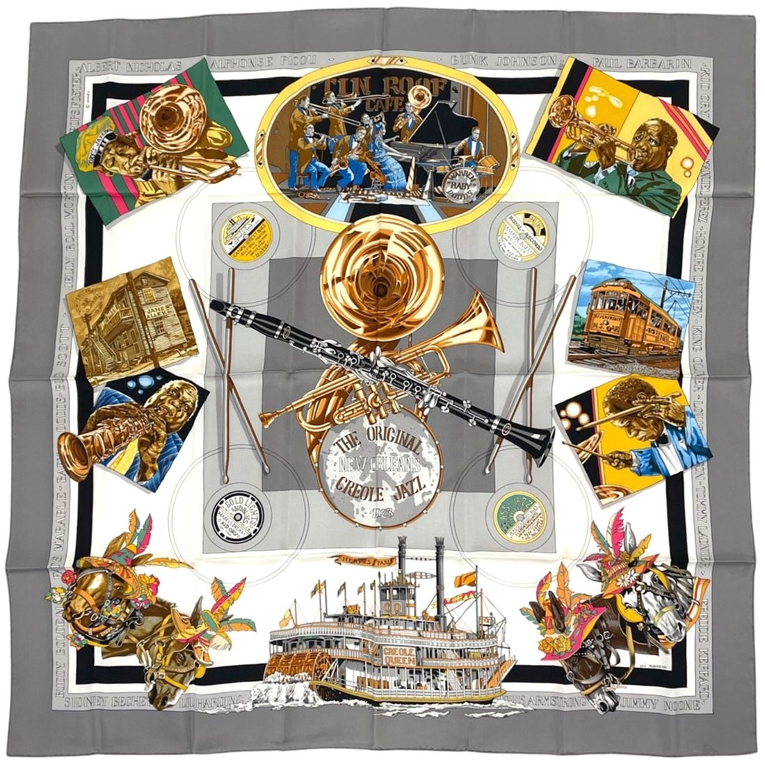 Hermes Carre 90 The Original New Orleans Creole Jazz Scarf/Muffler, Silk, Gray Multicolor, Women's: --- Catalog ---Category: SizeSize (LxW): 98cm x 98cm / 38.58'' x 38.58''Category: DesignType: ScarfColor: Gray, Multi-colorGender: WomenMaterial: Silk 100%Category: GeneralBrand: Hermes--- Item List -