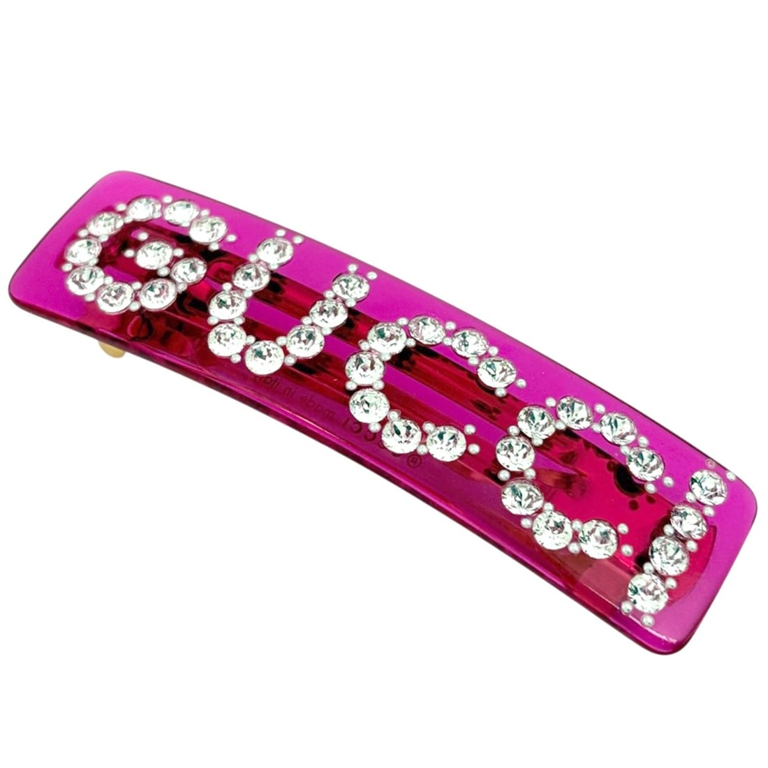 Gucci logo rhinestone barrette, plastic, pink, women's.: --- Catalog ---Category: SizeSize (LxW): 7.3cm x 2cm / 2.87'' x 0.78''Category: DesignType: BarretteColor: PinkGender: WomenMaterial: PlasticCategory: GeneralBrand: Gucci--- Item List ---Section: Cond