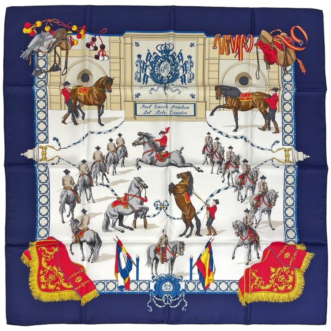 Hermes Carre 90 Real Escuela Andaluza del Arte Ecuestre (Royal Equestrian School of Andalusia) Silk: --- Catalog ---Category: SizeSize (LxW): 88.5cm x 88.5cm / 34.84'' x 34.84''Category: DesignType: ScarfColor: Multi-color, NavyGender: WomenMaterial: Silk 100%Category: GeneralBrand: Hermes--- Item Li