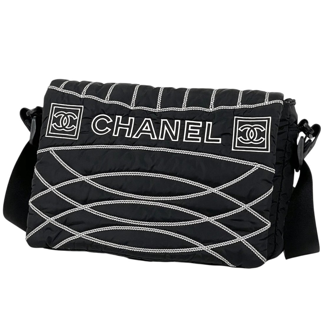 Chanel Sport Line Shoulder Bag Messenger Nylon Black Women's: --- Catalog ---Category: SizeSize (HxWxD): 20cm x 30cm x 6cm / 7.87'' x 11.81'' x 2.36''Category: DesignType: Messenger bag, Shoulder bagColor: BlackGender: WomenMaterial: Nylon Category: GeneralBrand