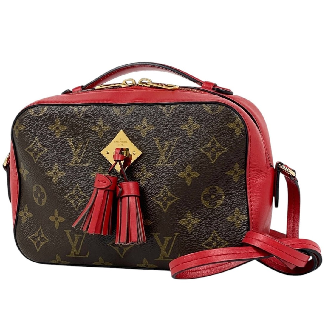 Louis Vuitton Saint-Onge Crossbody Shoulder Bag, Monogram Brown, Coquelicot (Red) M43556, Women's: --- Catalog ---Category: SizeSize (HxWxD): 14cm x 21cm x 7cm / 5.51'' x 8.26'' x 2.75''Category: DesignType: Shoulder bagColor: Brown, Coquelicots, Red colorGender: WomenMaterial: Monogram Category: G