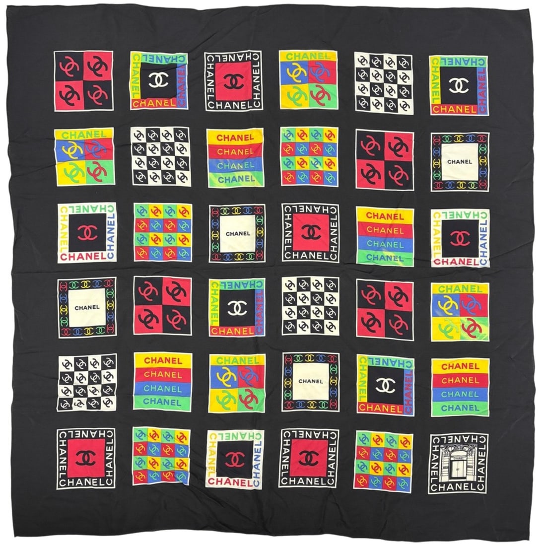 Chanel Coco Mark Scarf, Silk, Black, Multicolor, Women's: --- Catalog ---Category: SizeSize (LxW): 89cm x 86cm / 35.03'' x 33.85''Category: DesignType: ScarfColor: Black, Multi-colorGender: WomenMaterial: Silk 100%Category: GeneralBrand: Chanel--- Item List 