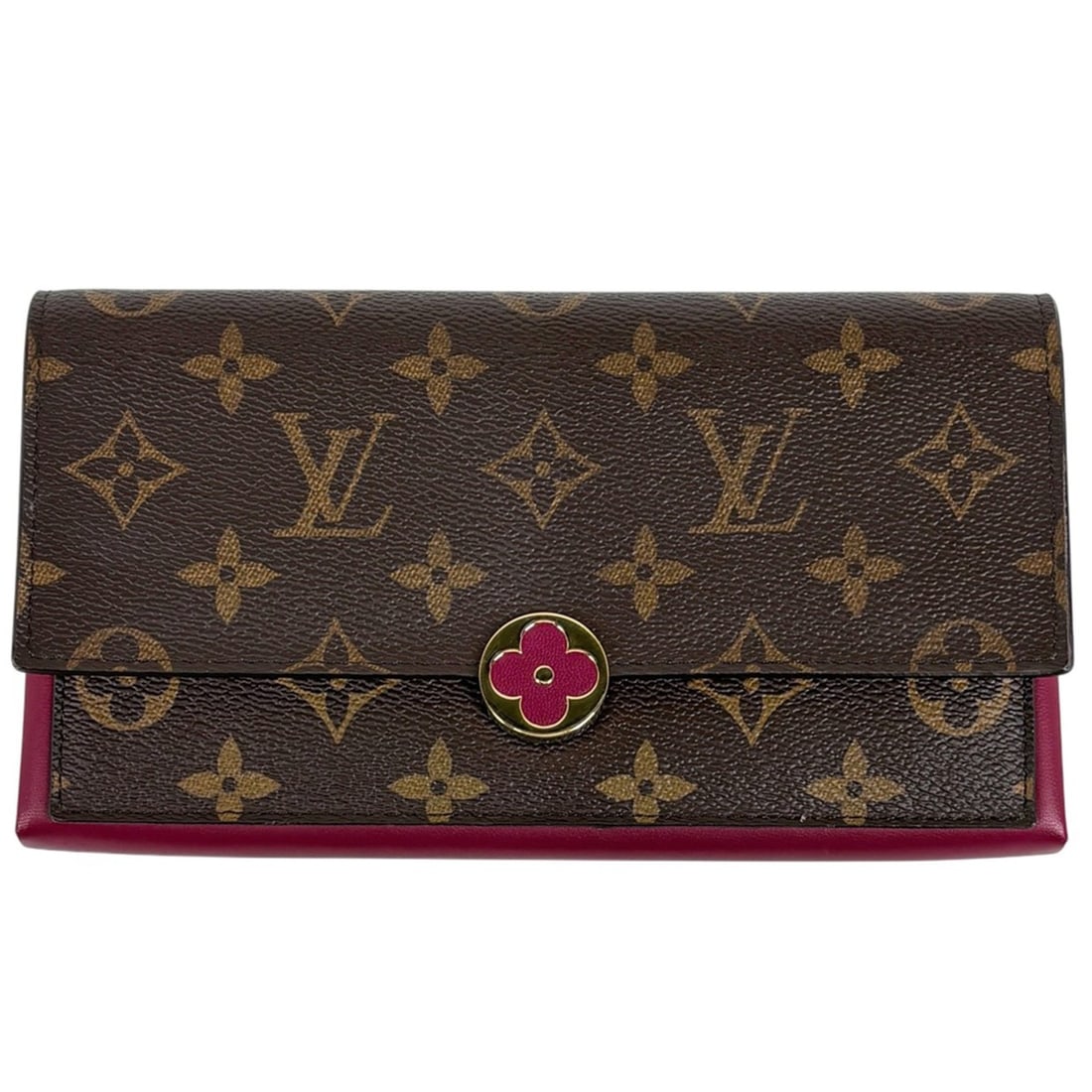 Louis Vuitton Portefeuille Flore Long Wallet, Monogram Brown Fuchsia, M64585, Women's: --- Catalog ---Category: SizeSize (HxWxD): 11.5cm x 20cm x 2.5cm / 4.52'' x 7.87'' x 0.98''Category: DesignType: Long wallet (bi-fold)Color: Brown, FuchsiaGender: WomenMaterial: Monogram , PVC Categor