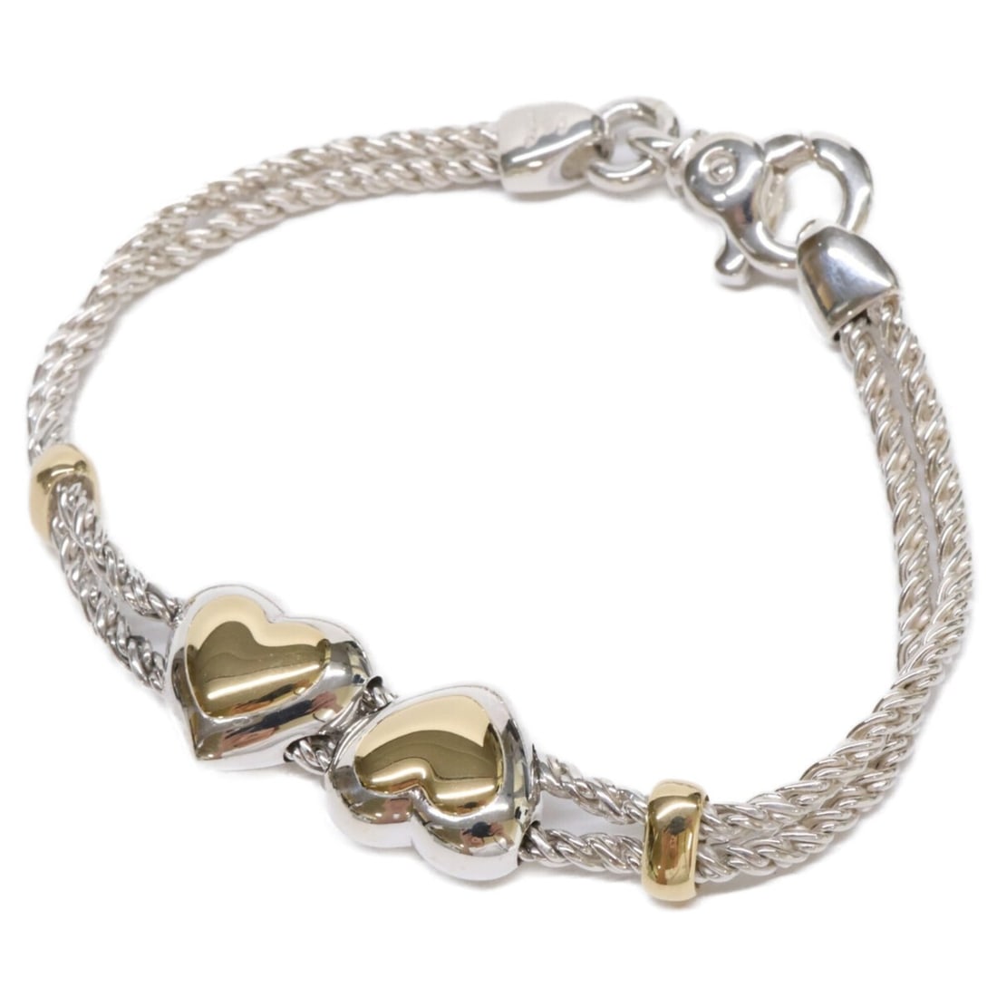 TIFFANY&Co. Tiffany & Co. Refurbished SV925 x 18K Double Heart Rope Chain Bracelet, Silver Yellow: --- Catalog ---Category: SizeLength: 19cm / 7.48''Category: DesignType: Charm braceletColor: Silver, Yellow goldGender: WomenMaterial: Silver 925Category: GeneralBrand: Tiffany--- Item List ---Section