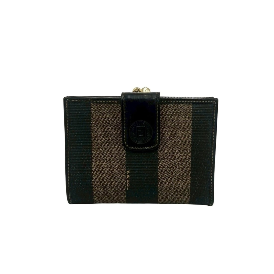 FENDI Vintage Pecan Leather Genuine Bi-fold Wallet with Clasp Closure, Brown/Black, 37910: --- Catalog ---Category: SizeSize (HxWxD): 10cm x 13cm x 2.5cm / 3.93'' x 5.11'' x 0.98''Category: DesignType: Wallet (bi-fold)Color: Brown, KhakiGender: WomenMaterial: PVC , Leather Category: General