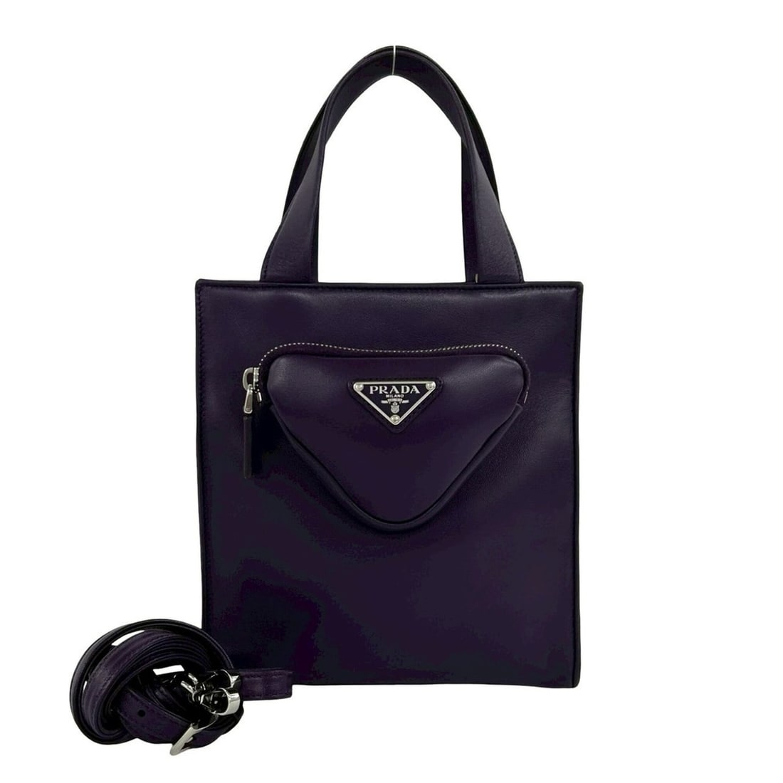PRADA Prada Triangle Logo Hardware Nappa Leather Genuine 2-way Handbag Shoulder Bag Mini Tote Purple: --- Catalog ---Category: SizeSize (HxWxD): 21cm x 19.5cm x 7cm / 8.26'' x 7.67'' x 2.75''Category: DesignType: Handbag, Shoulder bag, Tote bagColor: PurpleGender: WomenMaterial: Leather Category: Gene