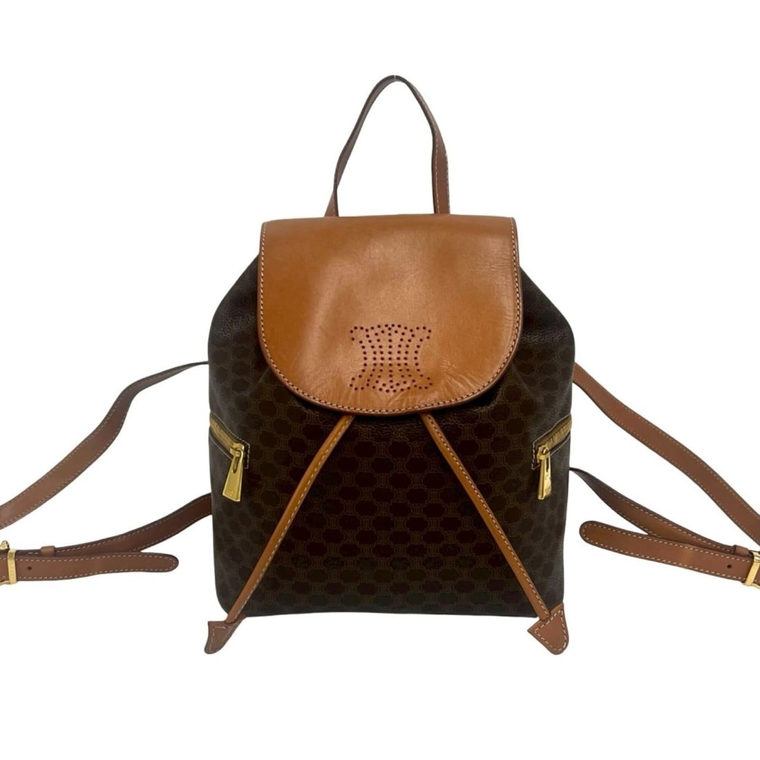 CELINE Vintage Macadam Blazon Triomphe Pattern Perforated Leather Drawstring Backpack Daypack Brown: --- Catalog ---Category: SizeSize (HxWxD): 25cm x 22cm x 13cm / 9.84'' x 8.66'' x 5.11''Category: DesignType: BackpackColor: BrownGender: WomenMaterial: Leather , PVC Category: GeneralBrand: Celine---