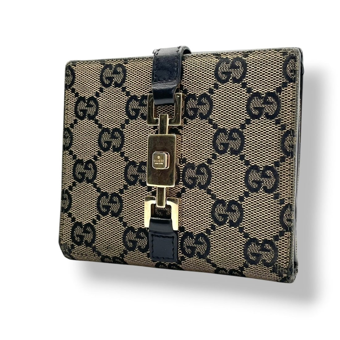 Gucci Jackie GG Canvas Bi-fold Wallet, Compact Beige/Black Leather, Women's W3: --- Catalog ---Category: SizeSize (HxWxD): 10.5cm x 12cm x 2.5cm / 4.13'' x 4.72'' x 0.98''Category: DesignType: Wallet (bi-fold)Color: Beige, BlackGender: WomenMaterial: GG canvas , Leather Category:
