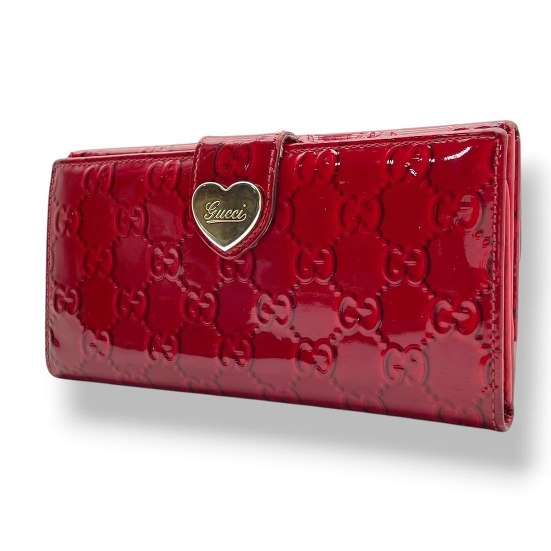 Gucci Lovely Heart Guccissima Patent Leather Long Wallet, Wine Red, Gold Hardware, Bi-fold: --- Catalog ---Category: SizeSize (HxWxD): 9.5cm x 19cm x 2cm / 3.74'' x 7.48'' x 0.78''Category: DesignType: Wallet (bi-fold)Color: Red color, WineGender: Men,WomenMaterial: Patent leather Category: 