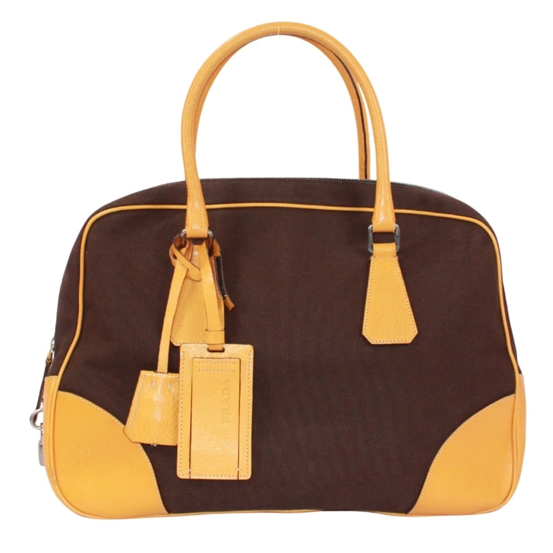 PRADA Boston bag/handbag, leather and canvas, yellow brown, for women.: --- Catalog ---Category: SizeSize (HxWxD): 26cm x 37cm x 13cm / 10.23'' x 14.56'' x 5.11''Category: DesignType: Boston bag, HandbagColor: Brown, YellowGender: WomenMaterial: Leather , Canvas Category: