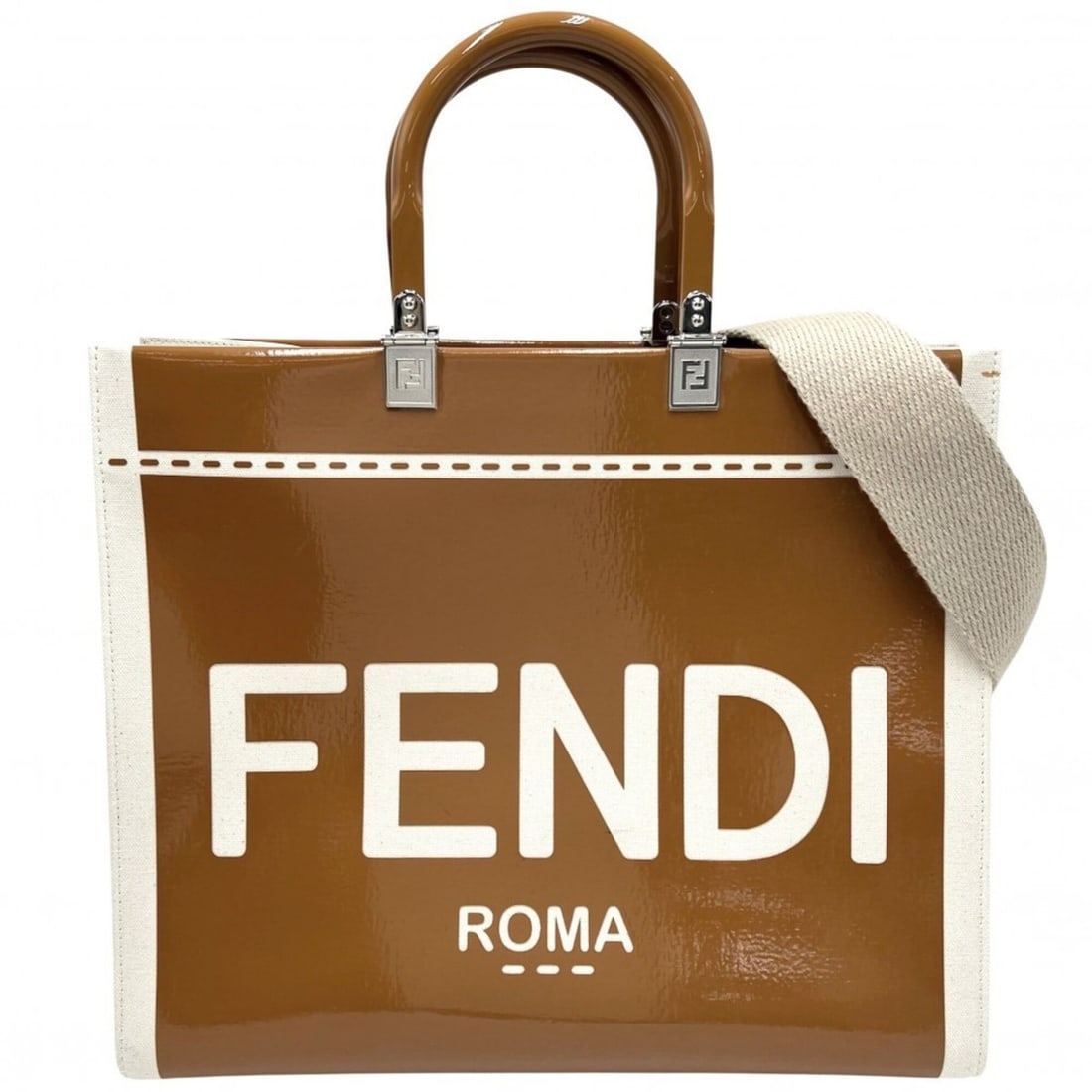 Fendi Women's Sunshine Medium Shopper Handbag Tote Bag Shoulder FENDI 8BH386 Canvas Patent Leather (1 of 13)