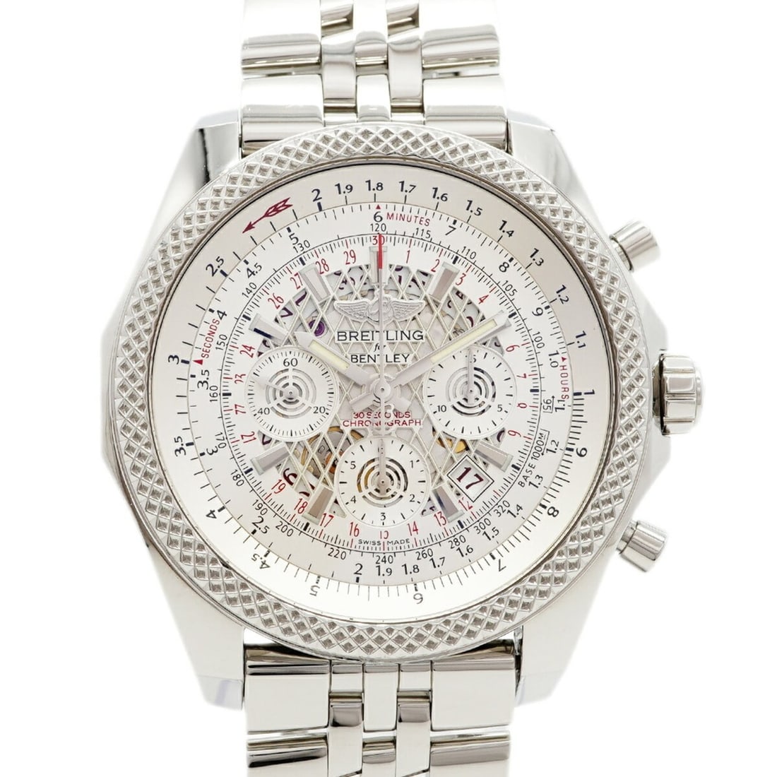Breitling Bentley B06 AB0611 Silver Skeleton Dial Men's Watch: --- Catalog ---Category: SizeWrist Size: 15cm / 5.9''Case Diameter: 49mm / 1.93''Category: DesignType: WristwatchGender: MenColor (Dial): SilverMaterial (Band): Stainless steelCategory: GeneralMPN: AB