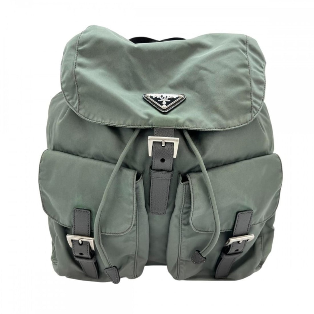 Prada Men's Backpack with Triangle Plate and Logo, Olive Green, Silver Hardware (1 of 13)