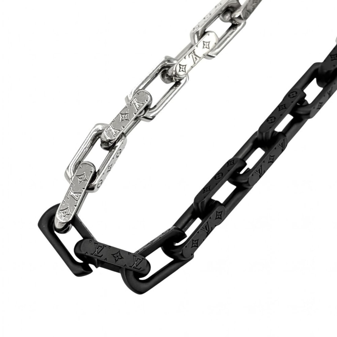 Louis Vuitton Men's Monogram Chain Necklace, M00677, Silver/Black, Approx. 130.9g: --- Catalog ---Category: SizeNeck Circumference: 55 cm / 21.65''Category: DesignColor: Black, SilverGender: MenNecklace Type: NecklaceCategory: GeneralBrand: Louis Vuitton--- Item List ---Section: Con