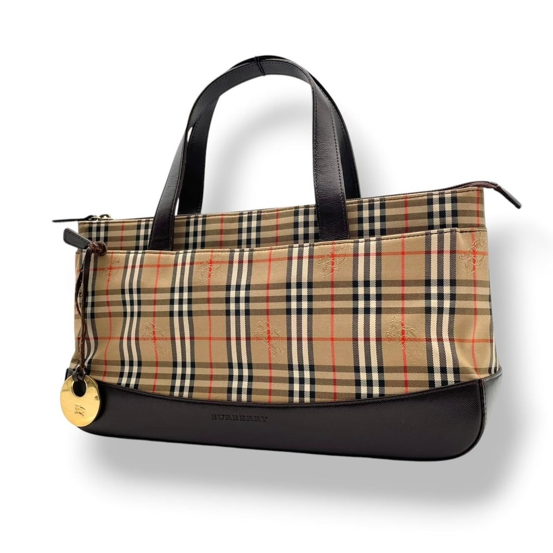 Burberry handbag for women, Haymarket check/Nova check pattern, beige/brown canvas and leather, gold: --- Catalog ---Category: DesignType: HandbagColor: Beige, BrownGender: WomenMaterial: Canvas , Leather Category: GeneralBrand: BurberryCountry of Origin: Italy--- Item List ---Section: ConditionRankin