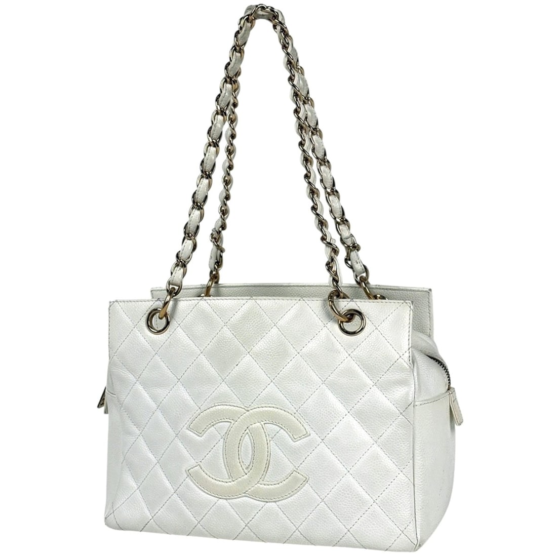 Chanel Coco Mark Chain Shoulder Bag Tote Matelassé CC Caviar Skin White Women's: --- Catalog ---Category: SizeSize (HxWxD): 19cm x 26cm x 13cm / 7.48'' x 10.23'' x 5.11''Category: DesignType: Shoulder bag, Tote bagColor: WhiteGender: WomenMaterial: Grained Calfskin Category: Gener