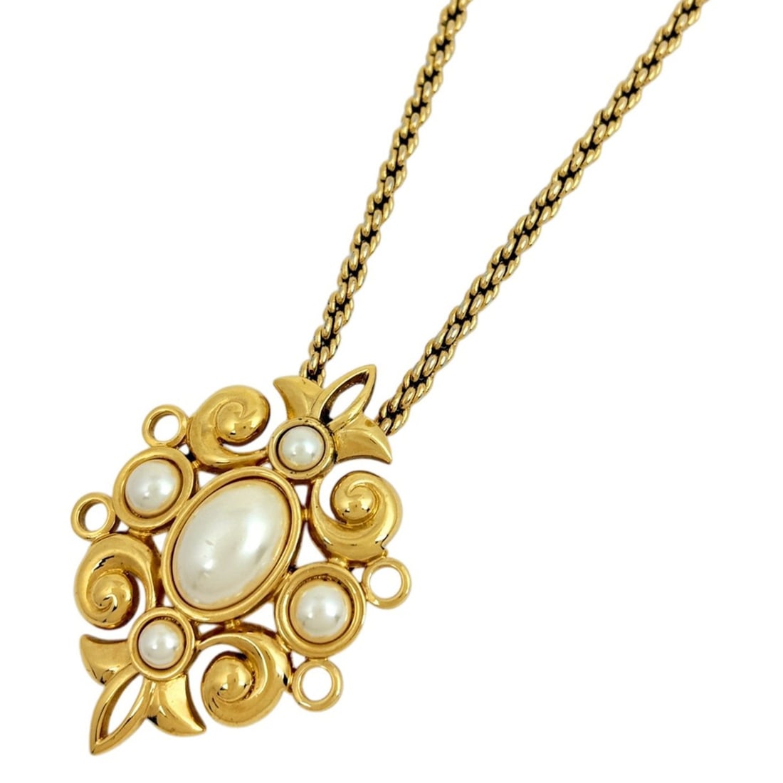 Christian Dior Faux Pearl Chain Necklace Brooch 2-Way GP Gold Women's: --- Catalog ---Category: SizePendant Size: 45mm x 60mm / 1.77'' x 2.36''Neck Circumference: 60.5 cm / 23.81''Category: DesignColor: GoldGender: WomenCategory: GeneralBrand: Christian Dior--- Item List