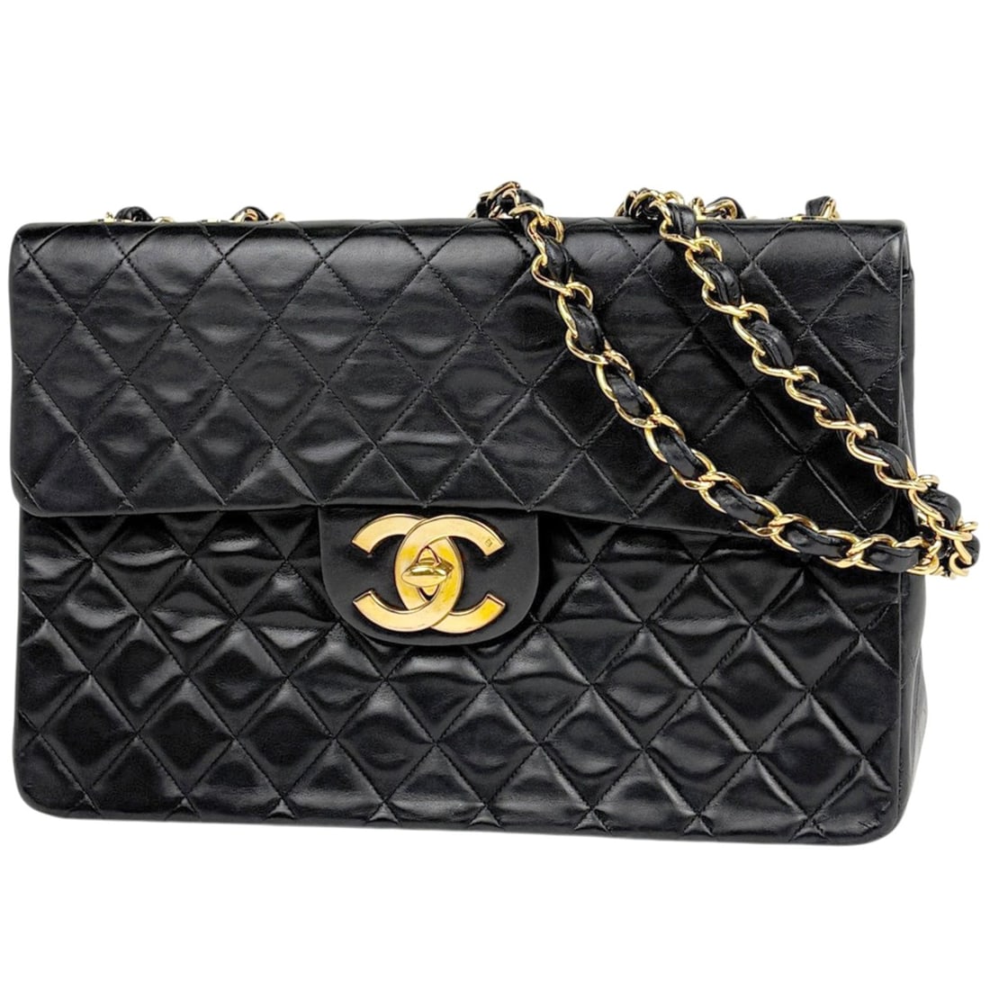 Chanel Large Matelassé Single Flap Chain Shoulder Bag with Coco Mark, Double Chain, Leather, Black, (1 of 9)