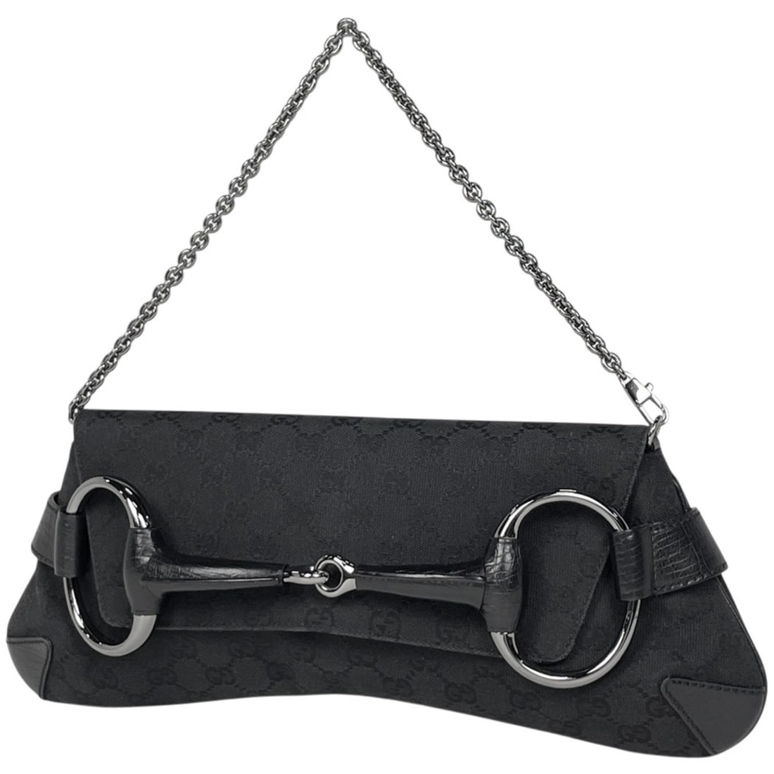 Gucci Horsebit Chain Shoulder Bag, GG Pattern Handbag, Canvas, Black, 120134, Women's (1 of 12)