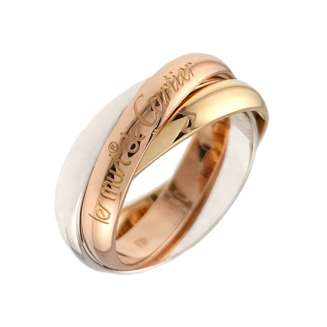 Cartier Trinity Medium MM #51 Ring, 18K Yellow Gold, White Pink Triple Band, Three 3 Colors, 750: --- Catalog ---Category: SizeUS Size: 6Brand Size: 51Category: DesignType: Band ringGender: WomenMaterial: Pink gold (18K), White gold (18K), Yellow gold (18K)Category: GeneralBrand: Cartier--- Item L