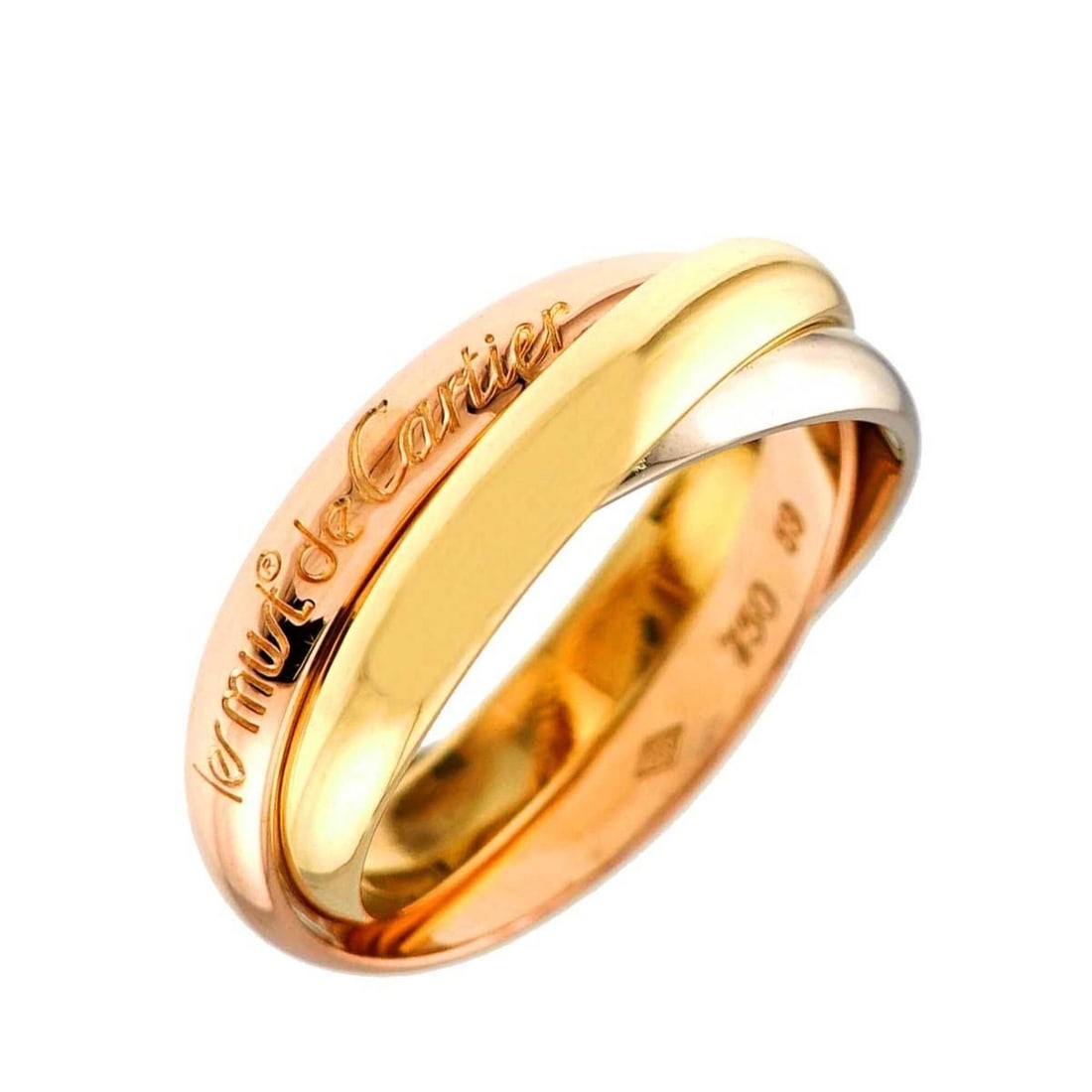 Cartier Trinity Ring, Medium MM #59, 18K Yellow Gold, White Pink Triple Band, Three 3 Colors, 750: --- Catalog ---Category: SizeUS Size: 9.5Brand Size: 59Category: DesignType: Band ringGender: MenMaterial: Pink gold (18K), White gold (18K), Yellow gold (18K)Category: GeneralBrand: Cartier--- Item L