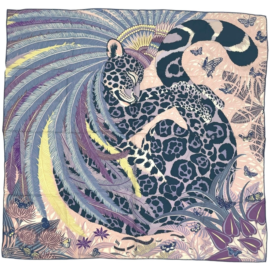 Hermes 90 Jaguar Quetzal Scarf/Muffler, Silk, Purple Multicolor, Women's: --- Catalog ---Category: SizeSize (LxW): 88.5cm x 85.5cm / 34.84'' x 33.66''Category: DesignType: ScarfColor: Multi-color, PurpleGender: WomenMaterial: Silk Category: GeneralBrand: Hermes--- Item List