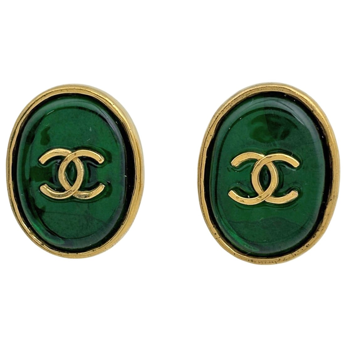 Chanel Coco Mark Color Stone Earrings, Gripoix GP Gold Green, Women's: --- Catalog ---Category: SizeStone Size (HxW): 23.00mm x 28.00mm / 0.91'' x 1.10''Category: DesignColor: Gold, GreenGender: WomenCategory: GeneralBrand: Chanel--- Item List ---Section: ConditionRankin