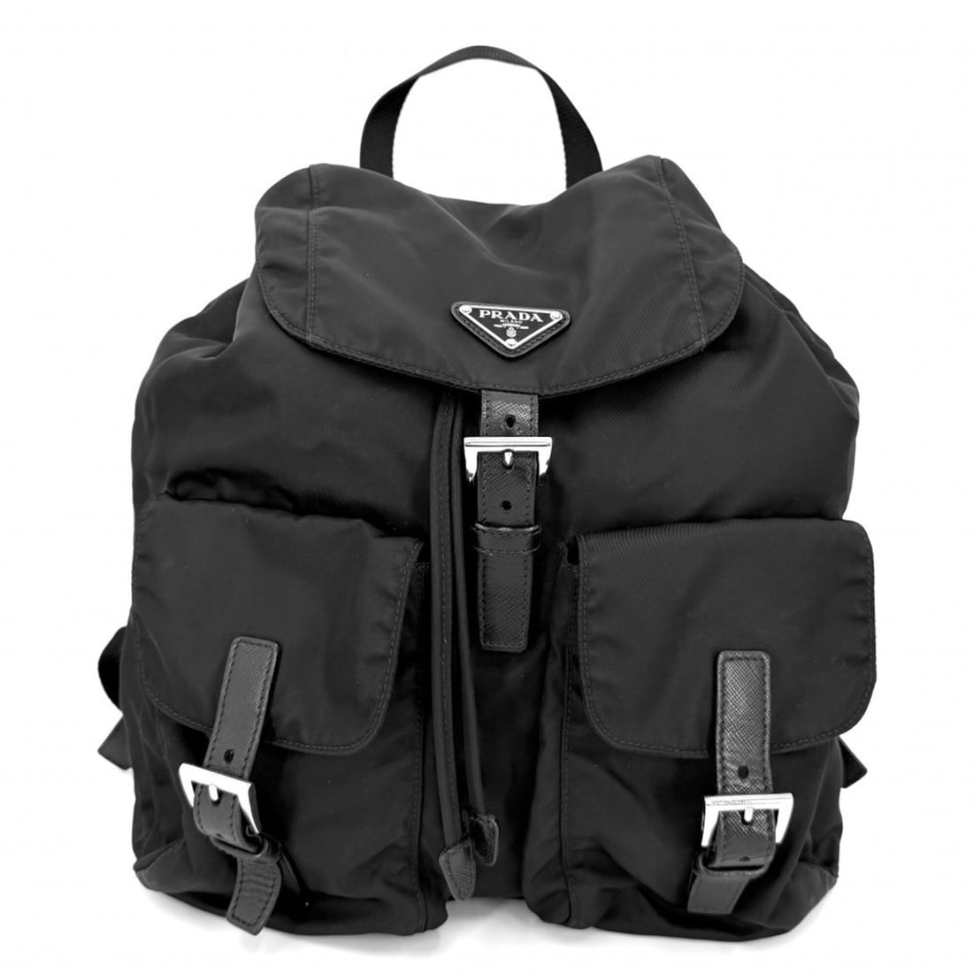 Prada Backpack for Men and Women: Triangle Logo Backpack, Nylon, Black, Silver Hardware: --- Catalog ---Category: SizeSize (HxWxD): 31cm x 29cm x 15cm / 12.2'' x 11.41'' x 5.9''Strap Length: 90cm / 35.43''Category: DesignType: BackpackColor: BlackGender: Men,WomenMaterial: Nylon Category: