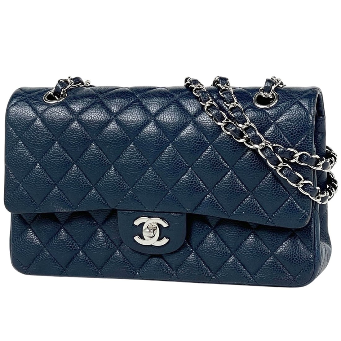 Chanel Matelassé Double Flap Chain Shoulder Bag, Coco Mark, Caviar Leather, Navy, A01112, Women's (1 of 11)