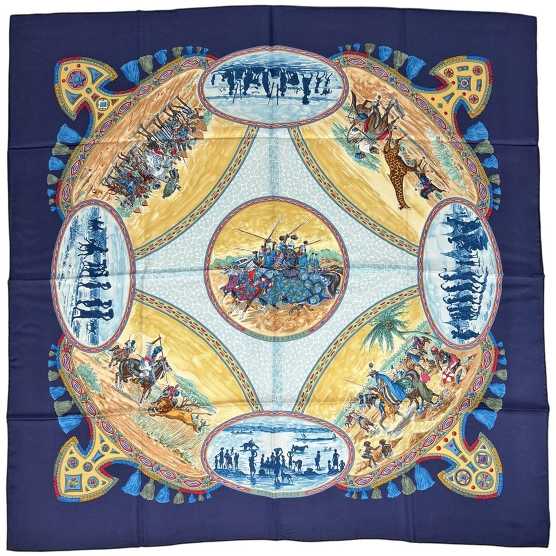 Hermes Carre 90 Cavaliers Peuls (Poultry Riders) Scarf/Muffler, Silk, Blue Multicolor, Women's: --- Catalog ---Category: SizeSize (LxW): 89.5cm x 89.5cm / 35.23'' x 35.23''Category: DesignType: ScarfColor: Blue, Multi-colorGender: WomenMaterial: Silk Category: GeneralBrand: Hermes--- Item List -