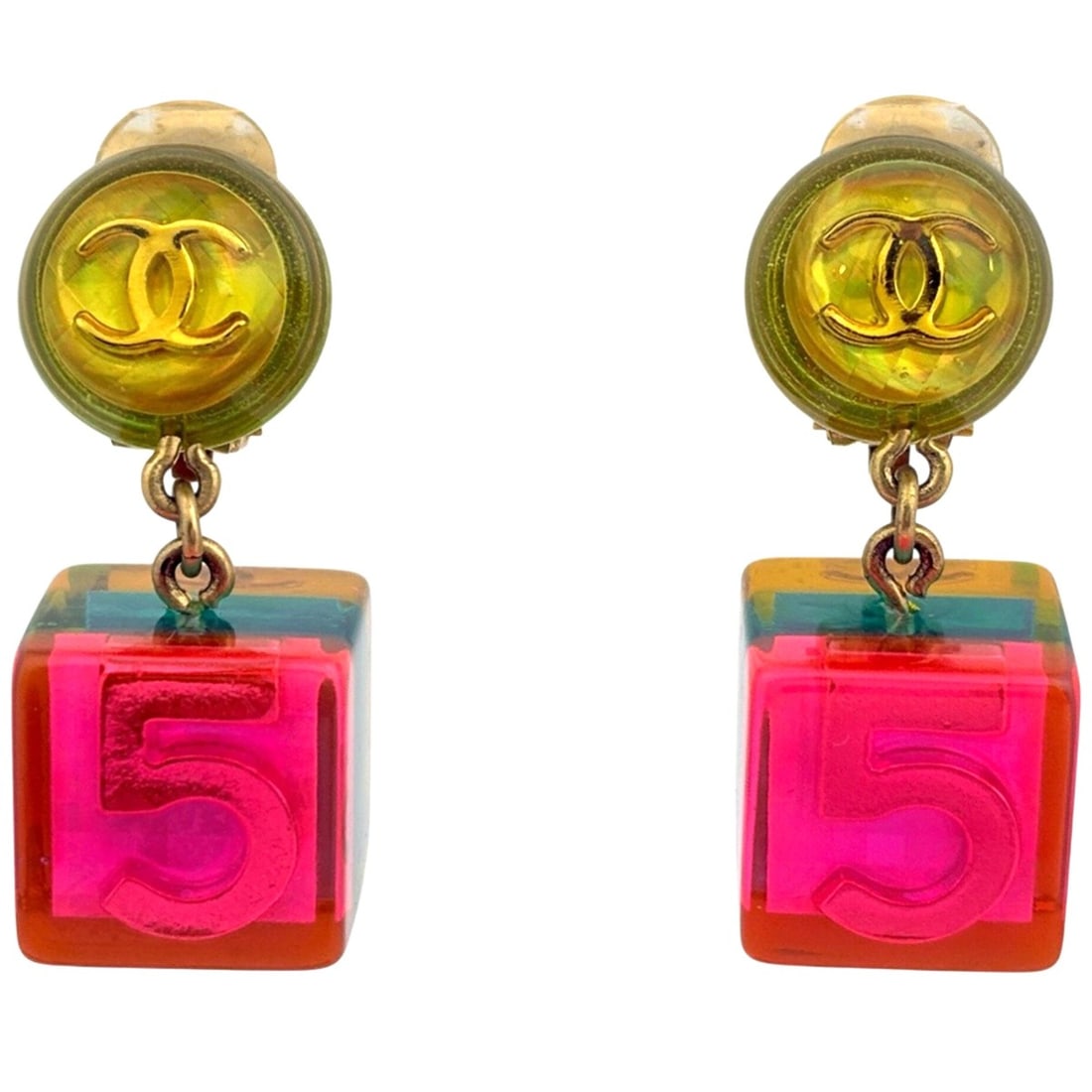 Chanel Coco Mark Earrings, Swing Cube, No. 5, Plastic, GP, Yellow, Pink, Gold, Women's: --- Catalog ---Category: SizeSize (HxWxD): 3.70mm x 1.50mm / 0.15'' x 0.06''Category: DesignType: Clip earringsColor: Gold, Pink, YellowGender: WomenMaterial: Gold plating, PlasticCategory: GeneralBra