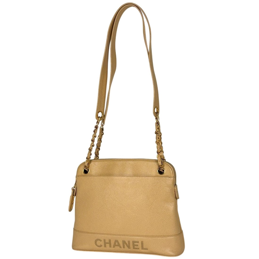 Chanel logo chain tote bag/shoulder bag, caviar leather, beige, women's.: --- Catalog ---Category: DesignType: Shoulder bag, Tote bagColor: BeigeGender: WomenMaterial: Grained Calfskin Category: GeneralBrand: Chanel--- Item List ---Section: ConditionSmell: Other SlightRanki