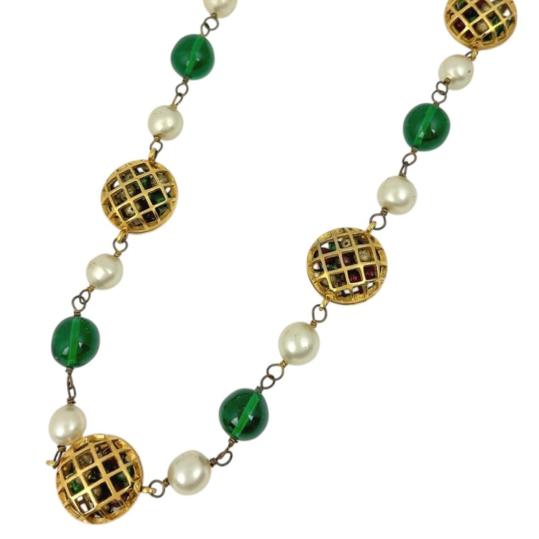 Chanel Coco Mark Faux Pearl Long Necklace with Rhinestones and Colored Stones, GP Gold, for Women: --- Catalog ---Category: SizeNeck Circumference: 89 cm / 35.03''Category: DesignColor: GoldGender: WomenMaterial: Gold platingNecklace Type: NecklaceCategory: GeneralBrand: Chanel--- Item List ---Sect